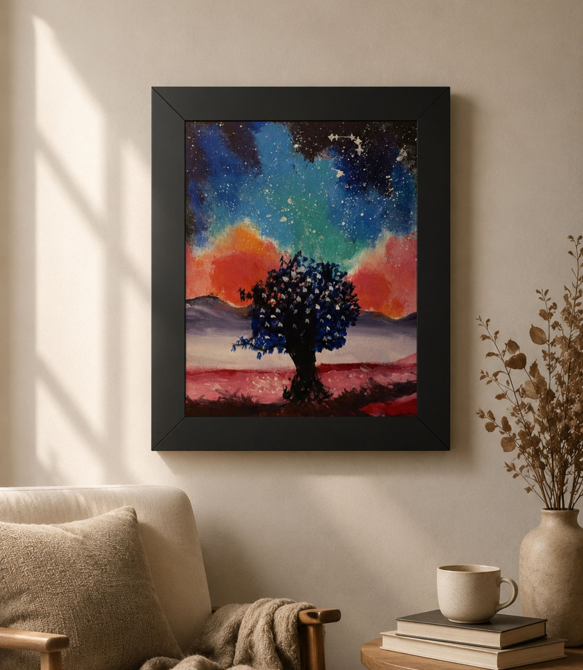 Black-framed galaxy tree poster displayed in a modern interior