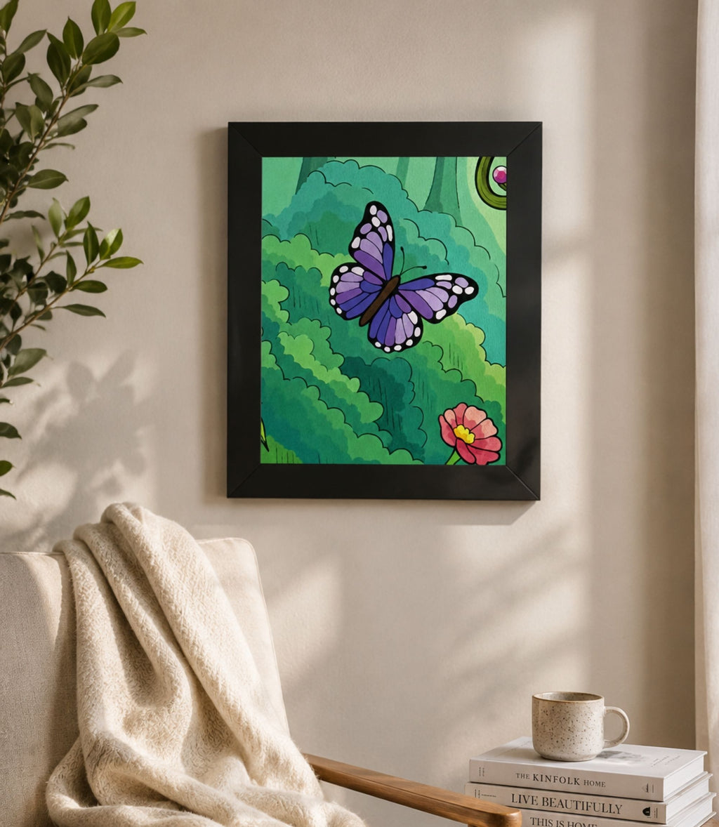Black-framed purple butterfly garden poster displayed in a modern interior