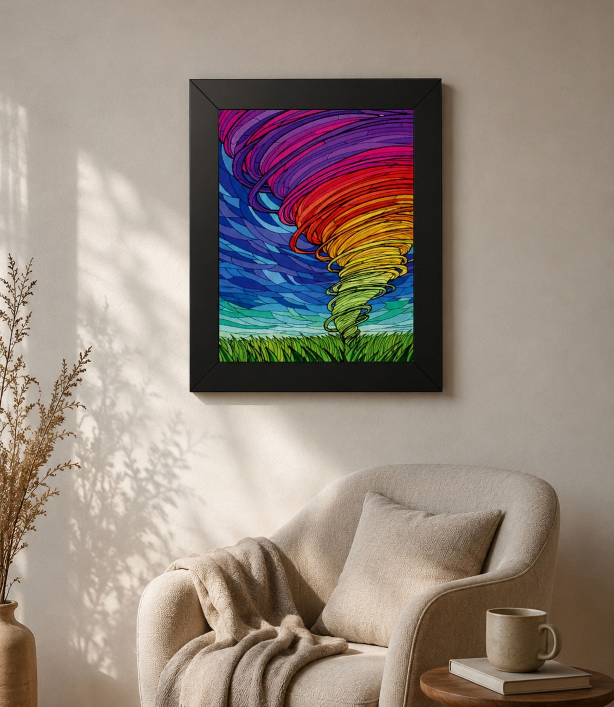 Black-framed rainbow tornado poster displayed in a modern interior