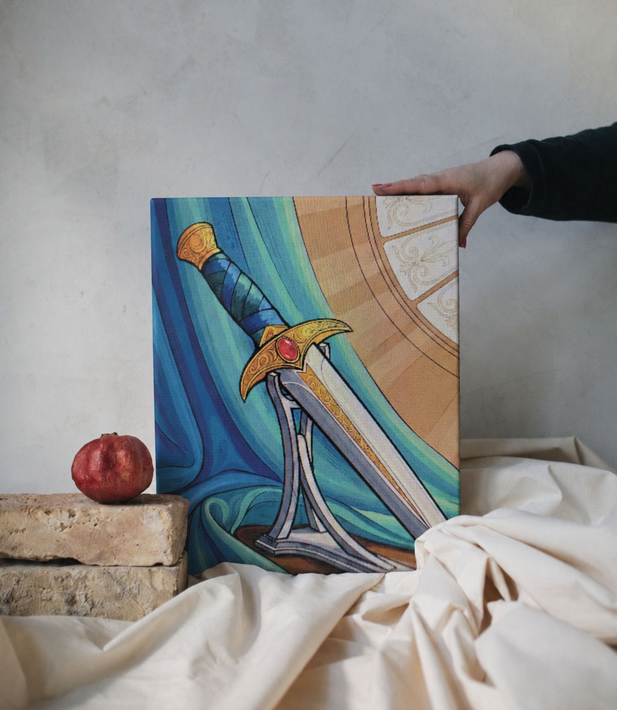 Person holding regal fantasy sword stretched canvas wall art