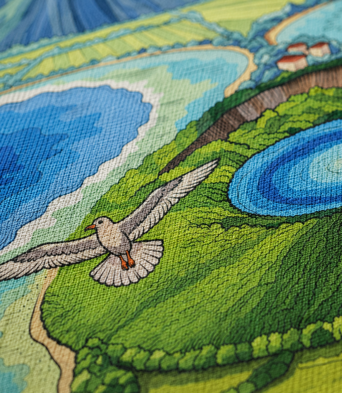 Close-up of volcanic coast and seagull artwork and matte canvas texture