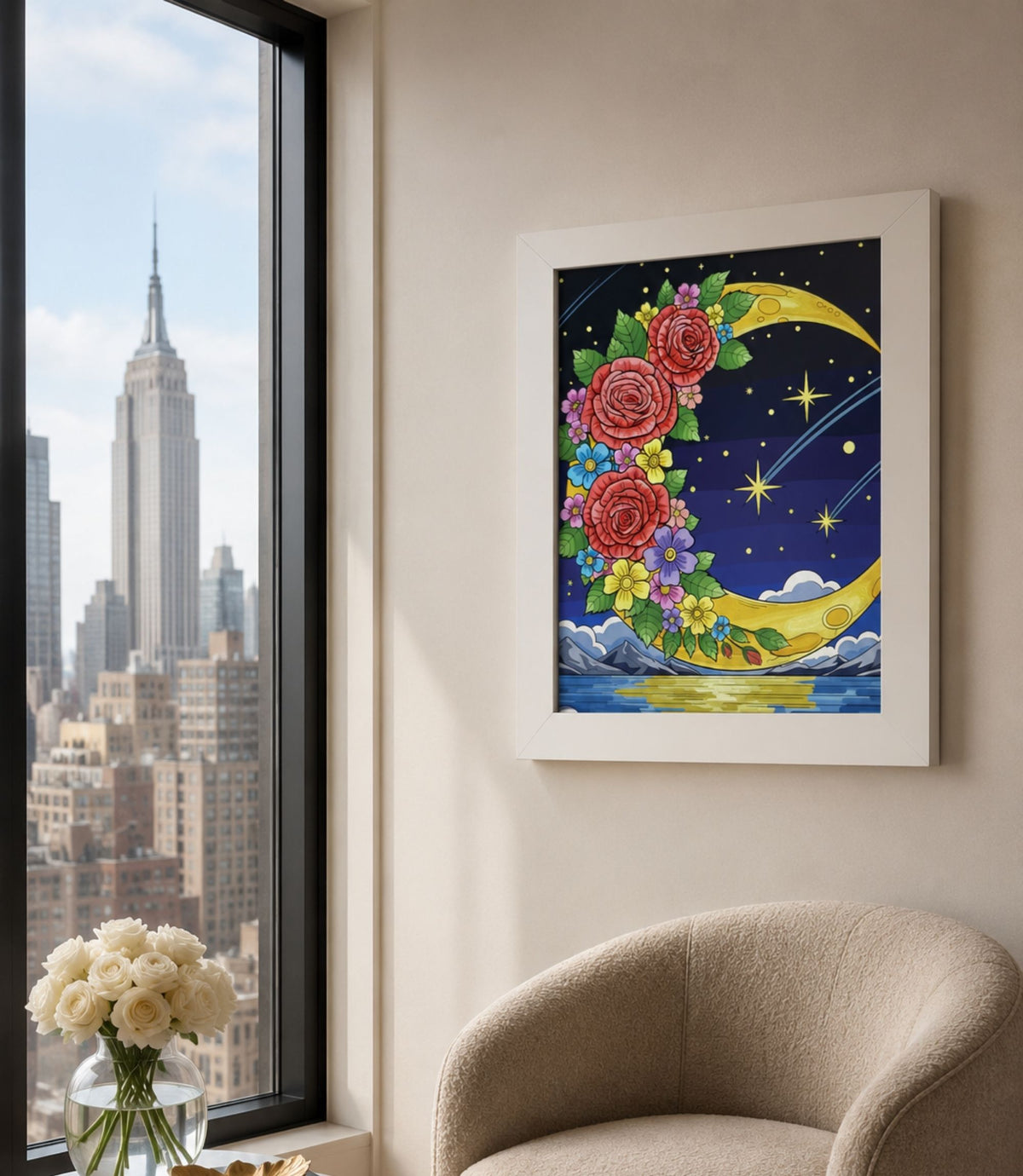 White-framed floral crescent moon poster displayed in a modern interior