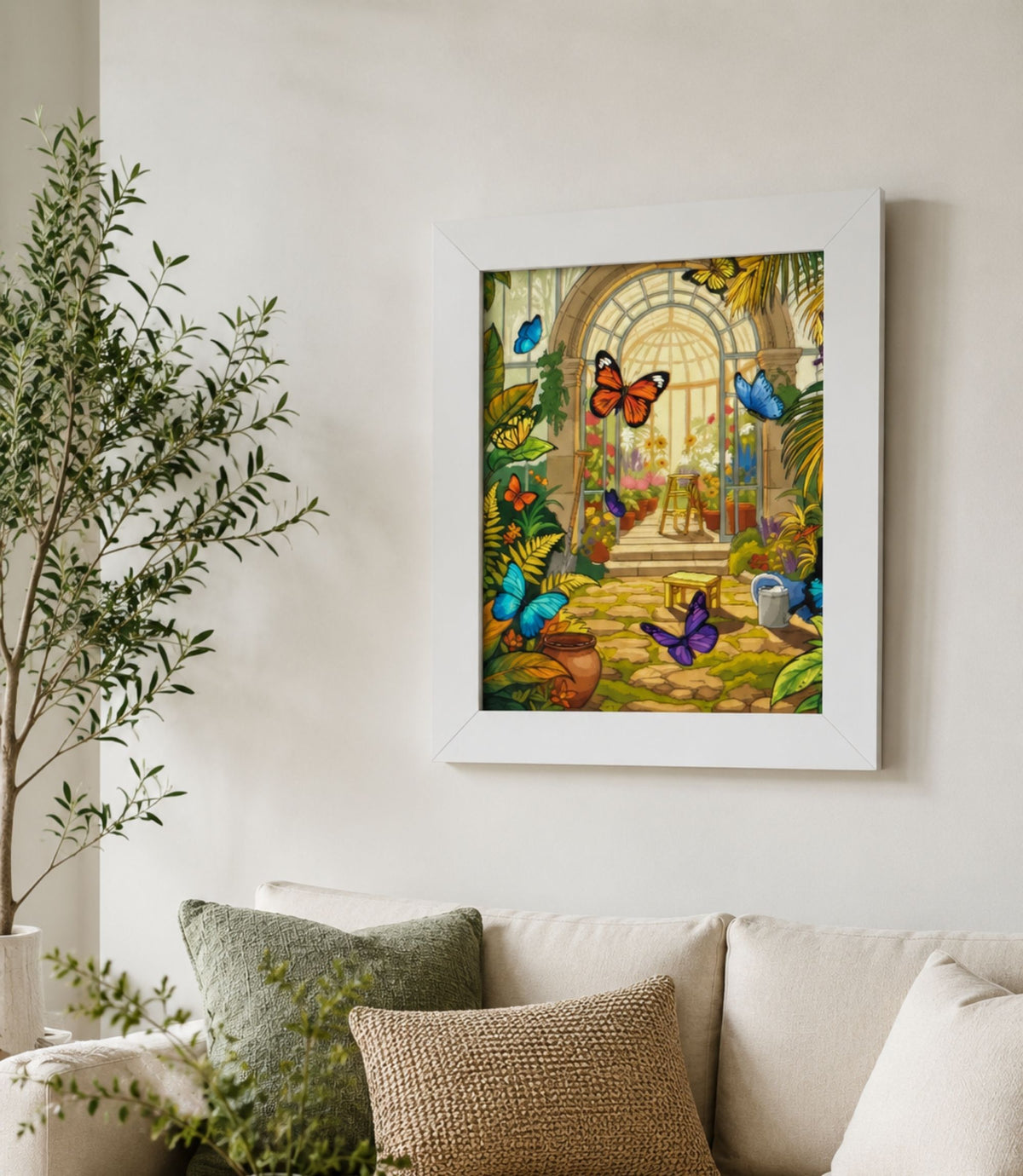 White-framed butterfly conservatory poster displayed in a modern interior