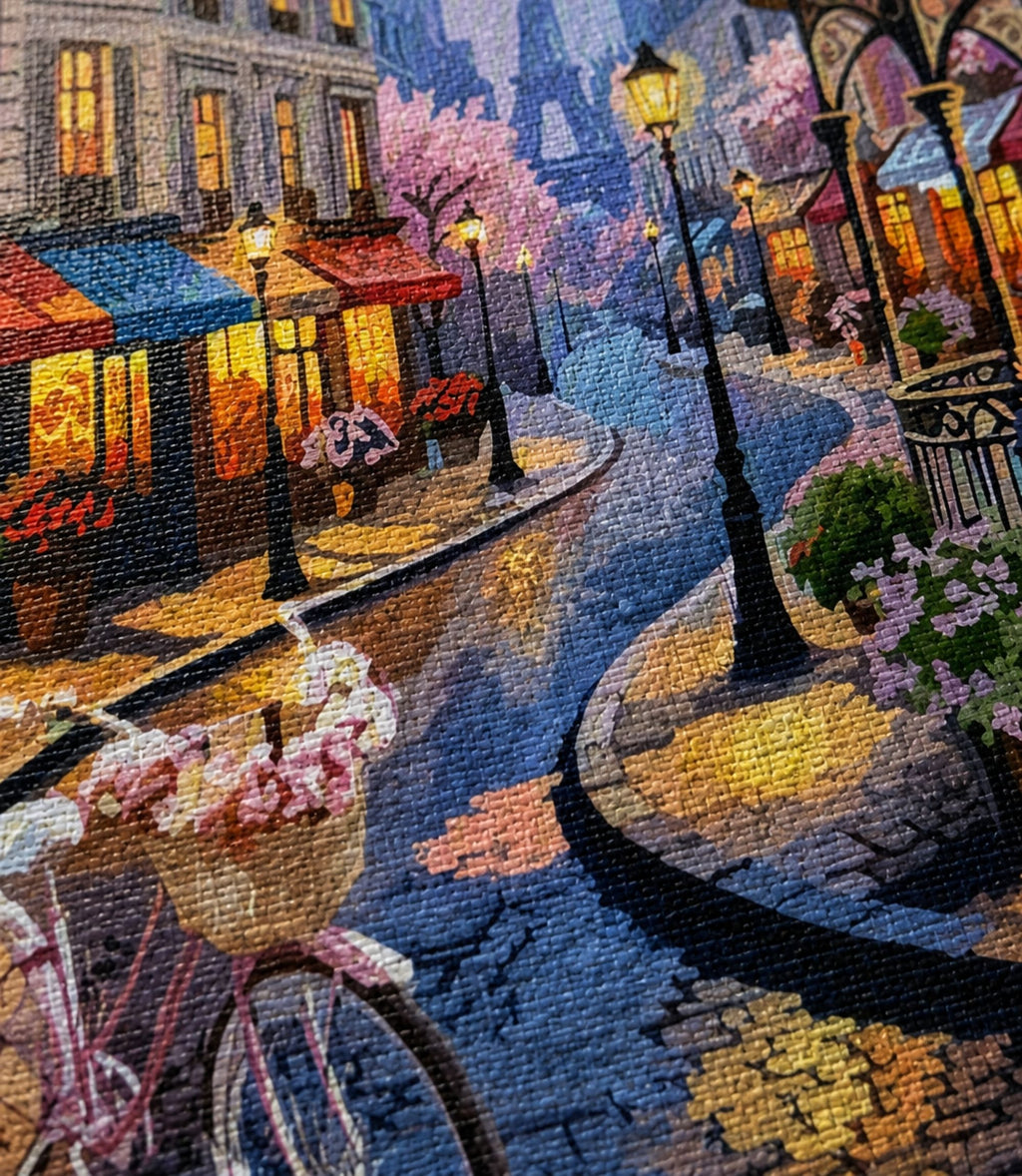 Close-up of Paris street café artwork and matte canvas texture