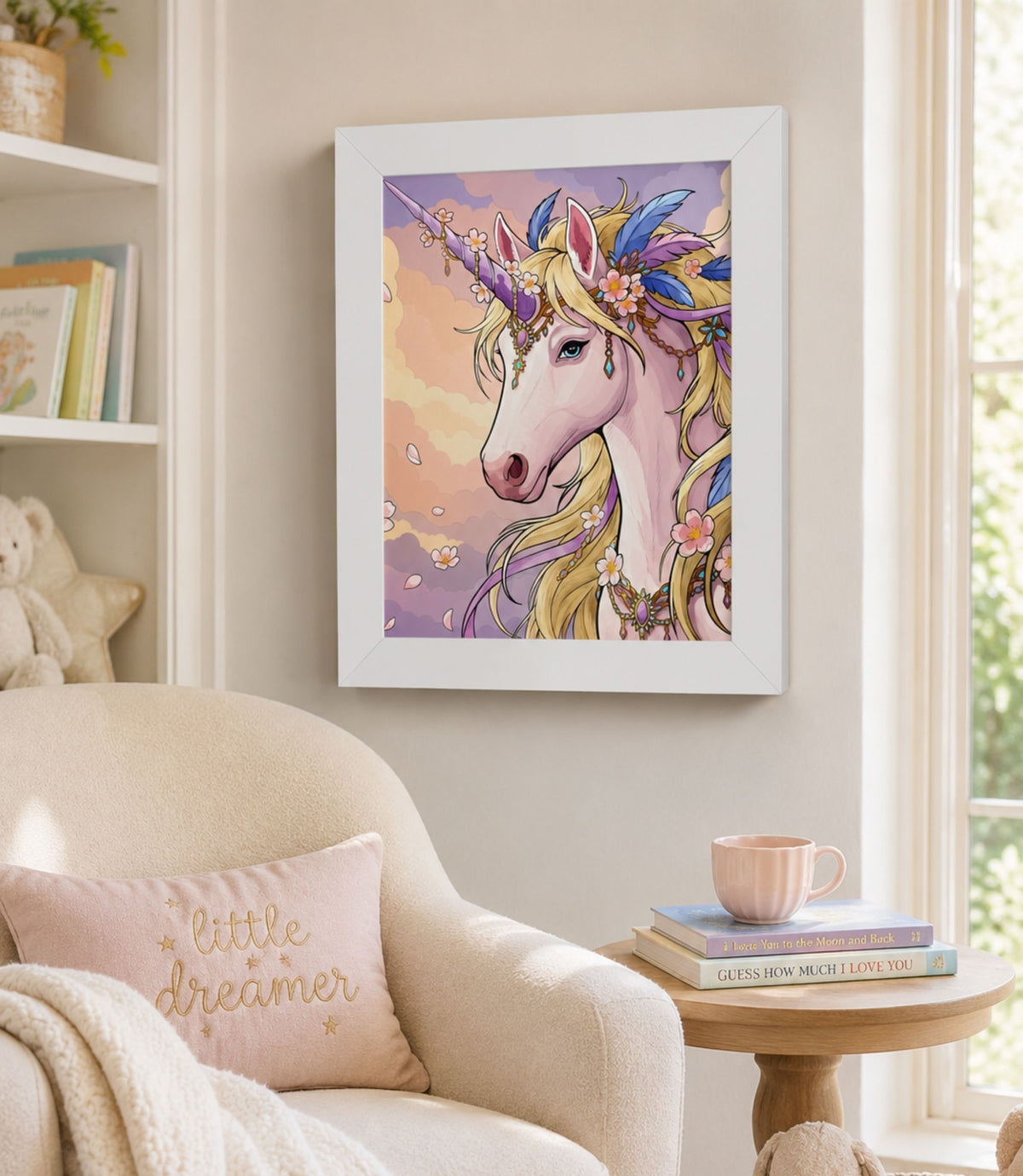 White-framed pastel unicorn poster displayed in a modern interior