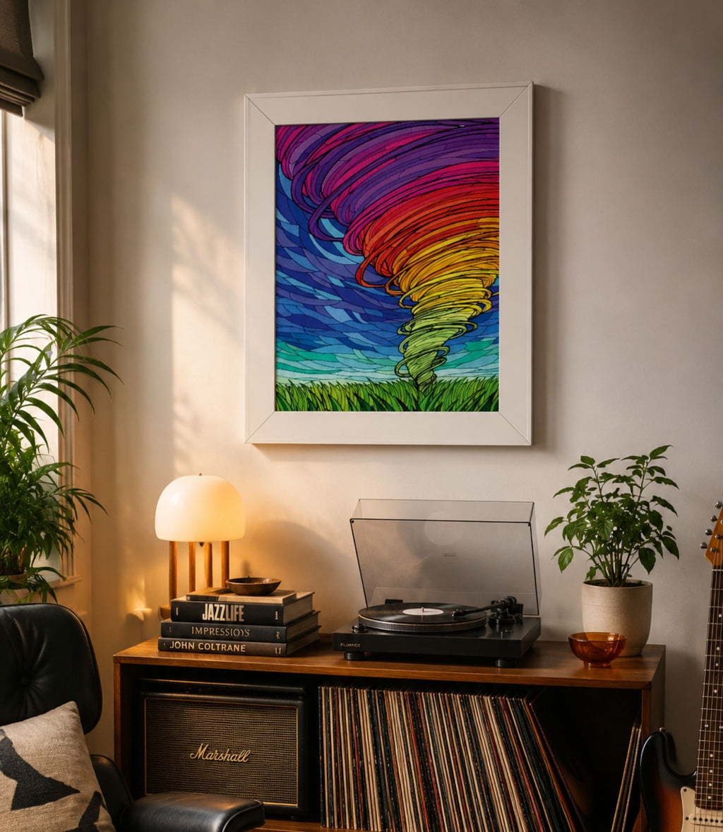 White-framed rainbow tornado poster displayed in a modern interior