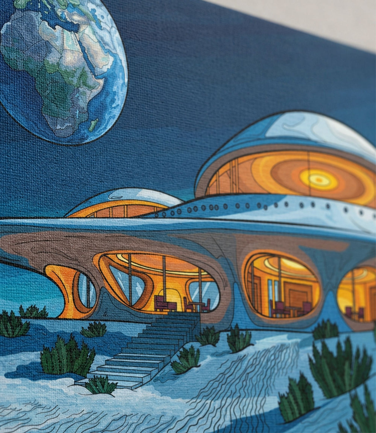 Close-up of retro space house artwork and matte canvas texture