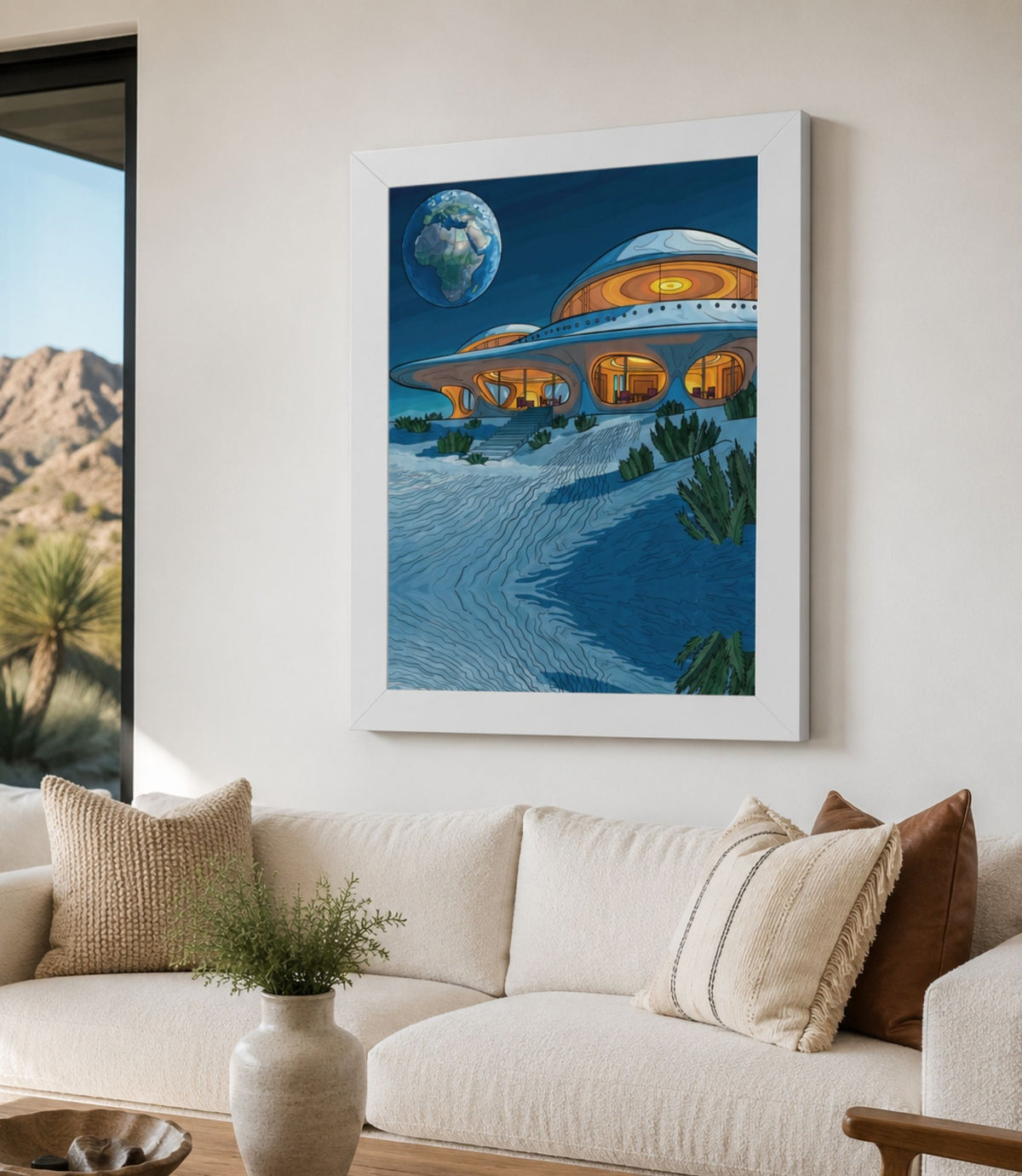 White-framed retro space house poster displayed in a modern interior