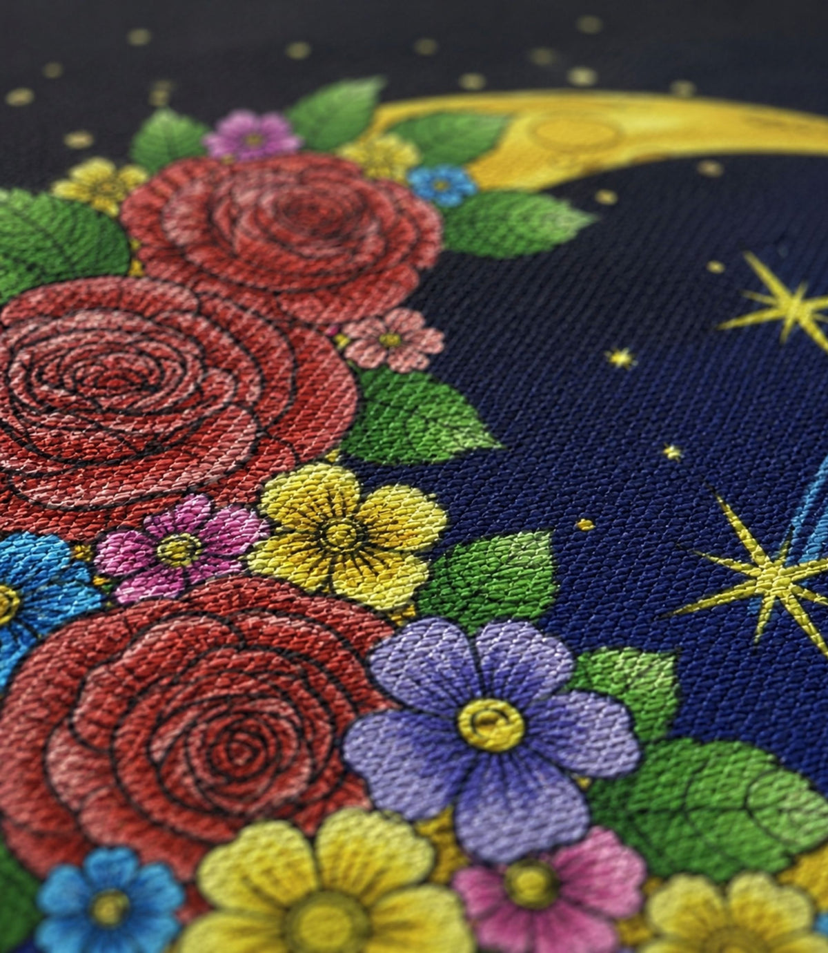 Close-up of floral crescent moon artwork and matte canvas texture