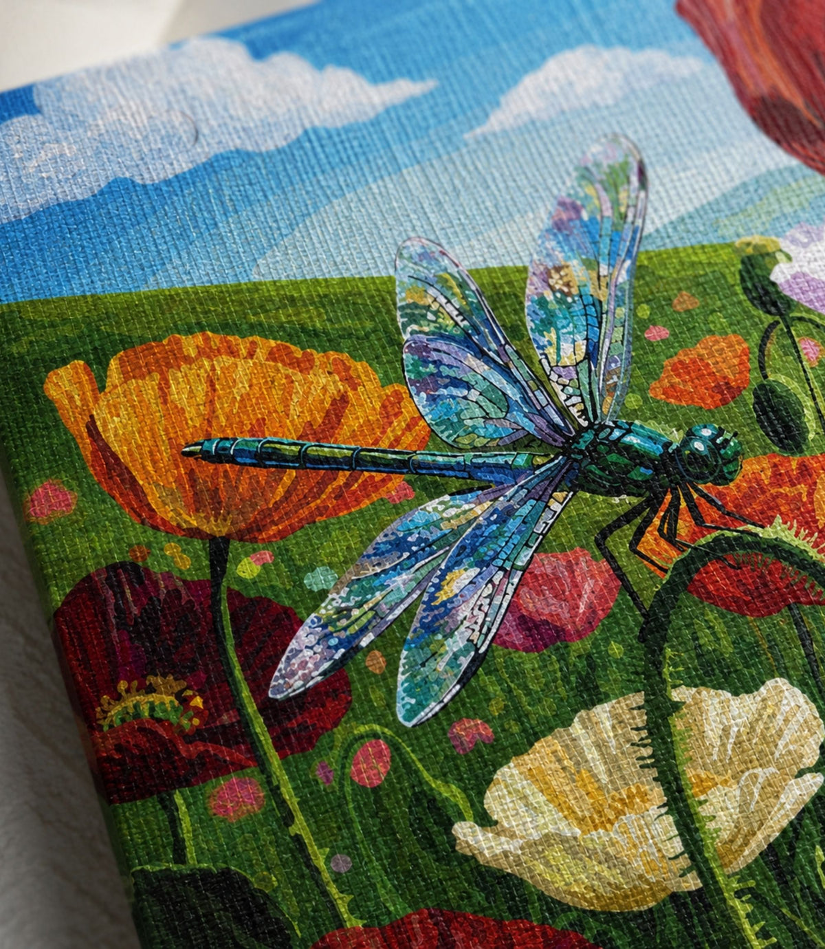 Close-up of dragonfly meadow artwork and matte canvas texture