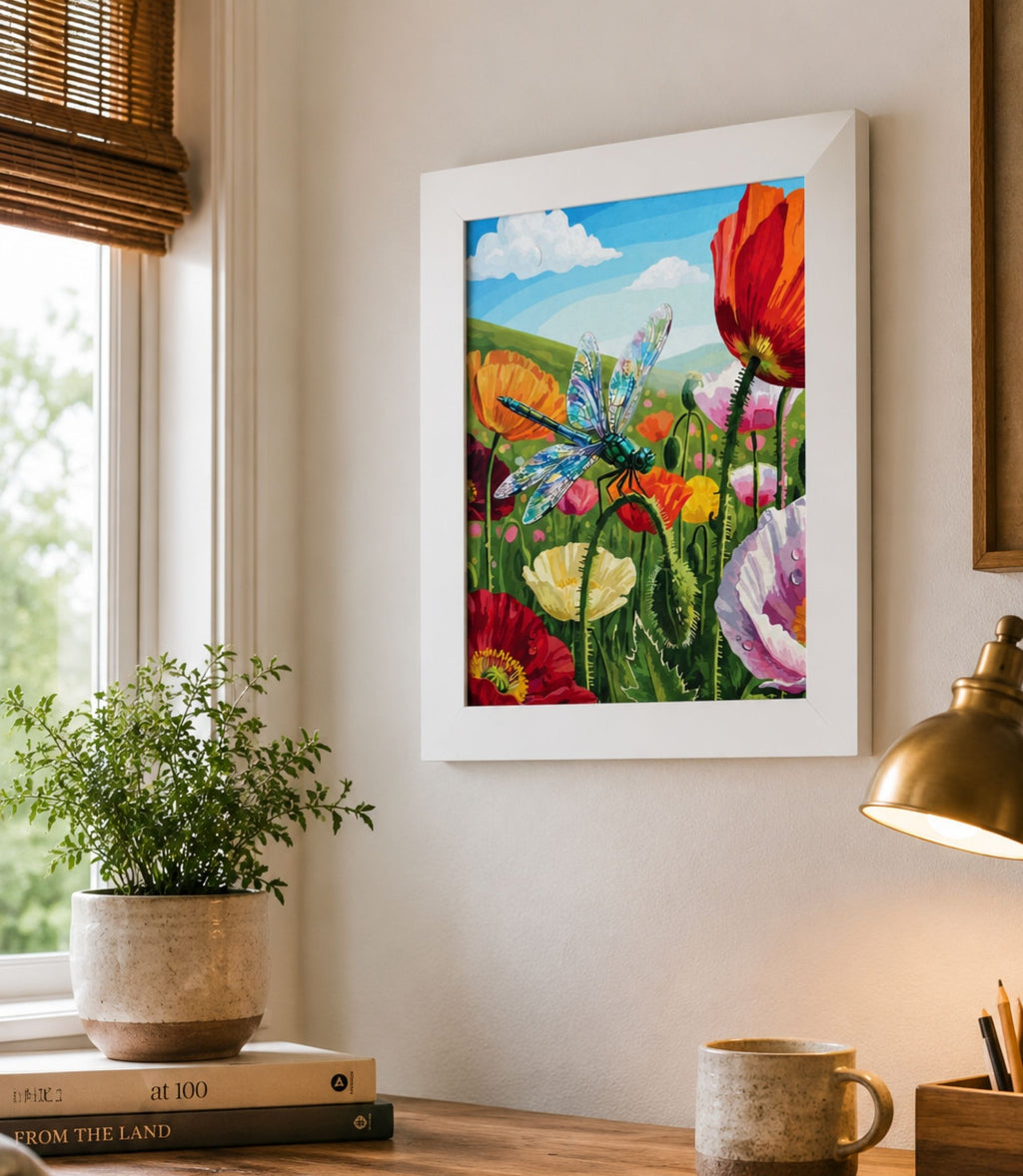 White-framed dragonfly meadow poster displayed in a modern interior