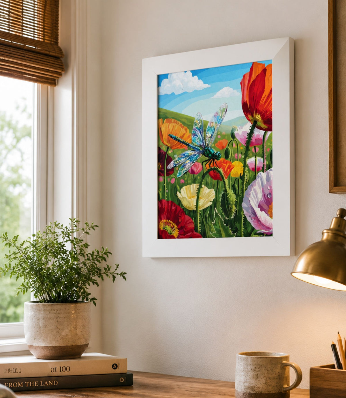 White-framed dragonfly meadow poster displayed in a modern interior