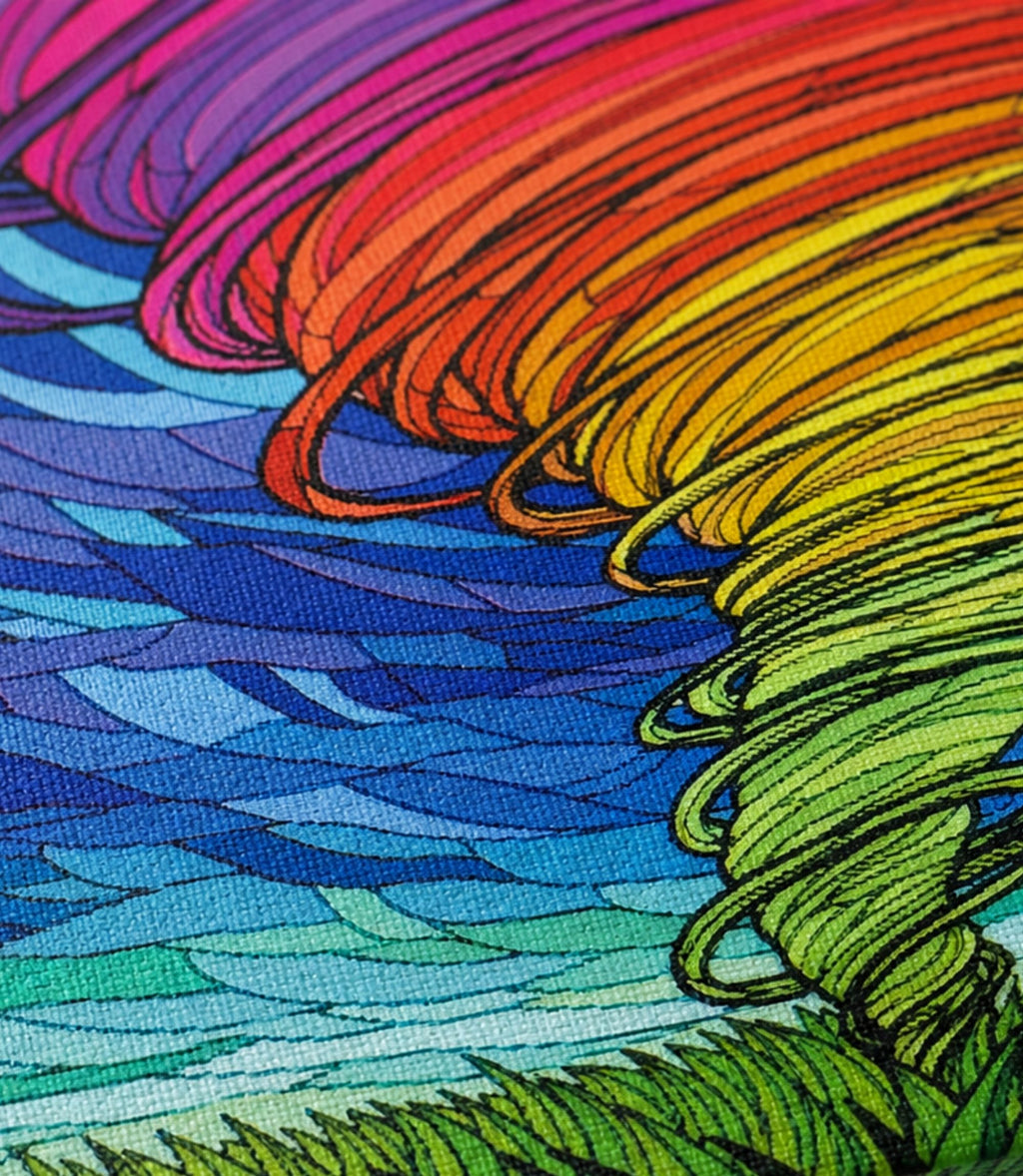 Close-up of rainbow tornado artwork and matte canvas texture