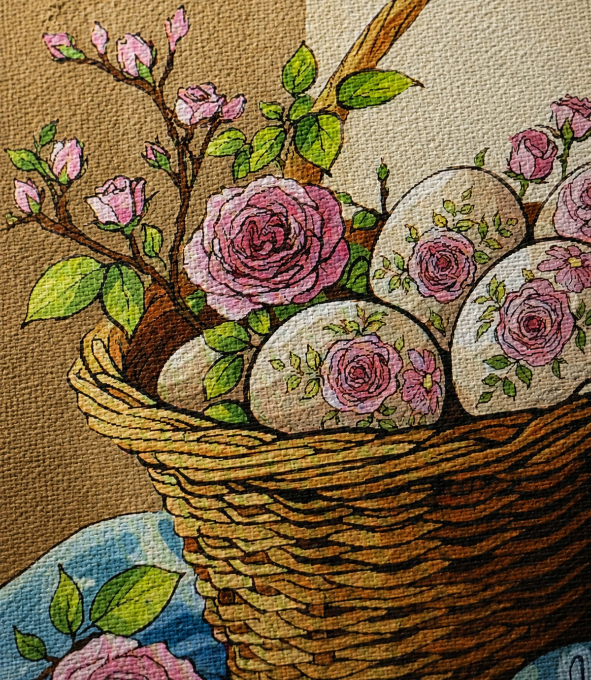 Close-up of floral Easter basket artwork and matte canvas texture