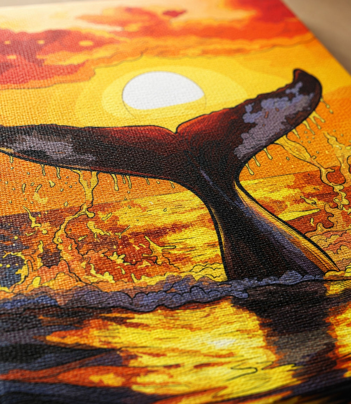 Close-up of whale tail at sunset artwork and matte canvas texture