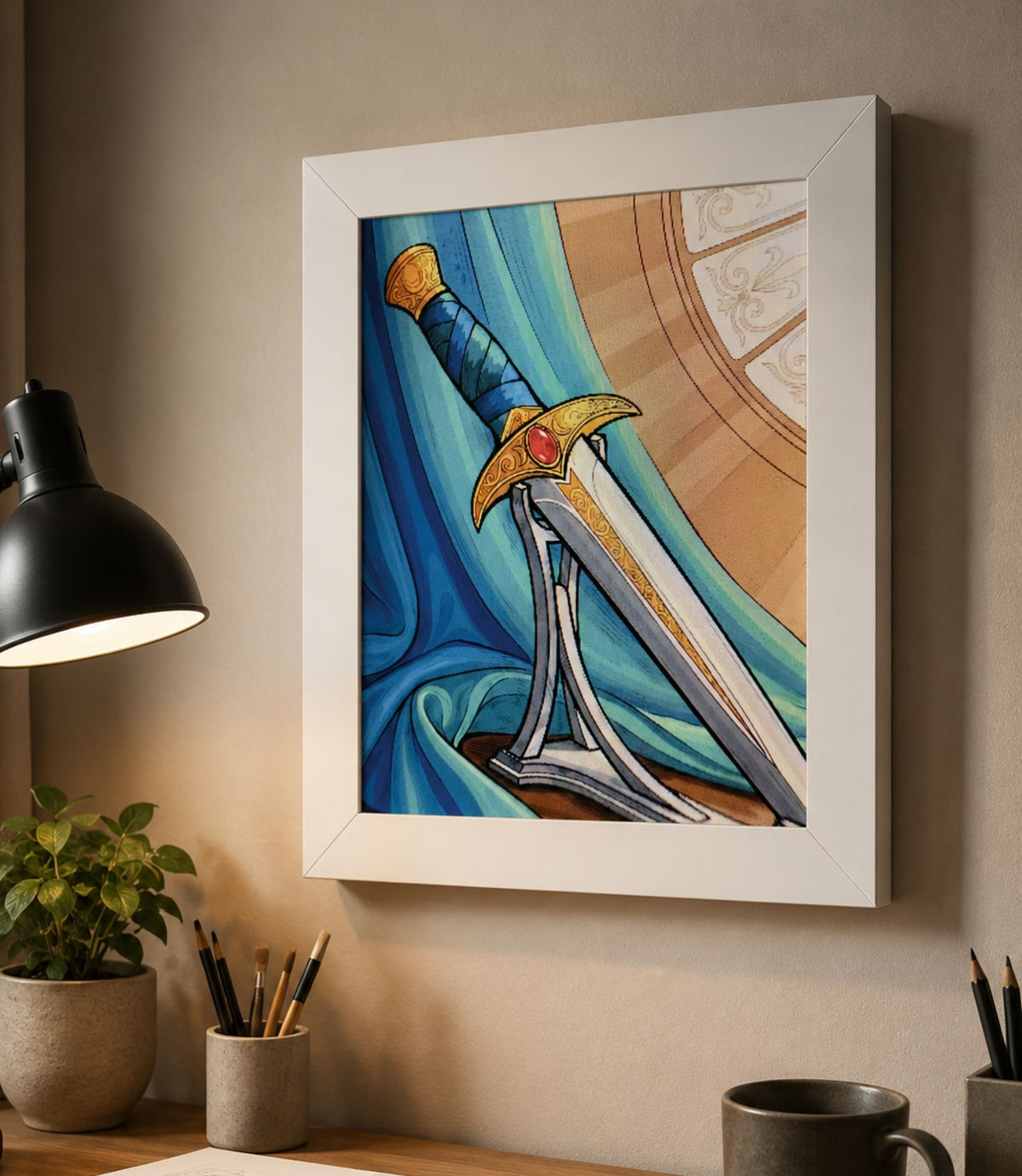 White-framed regal fantasy sword poster displayed in a modern interior