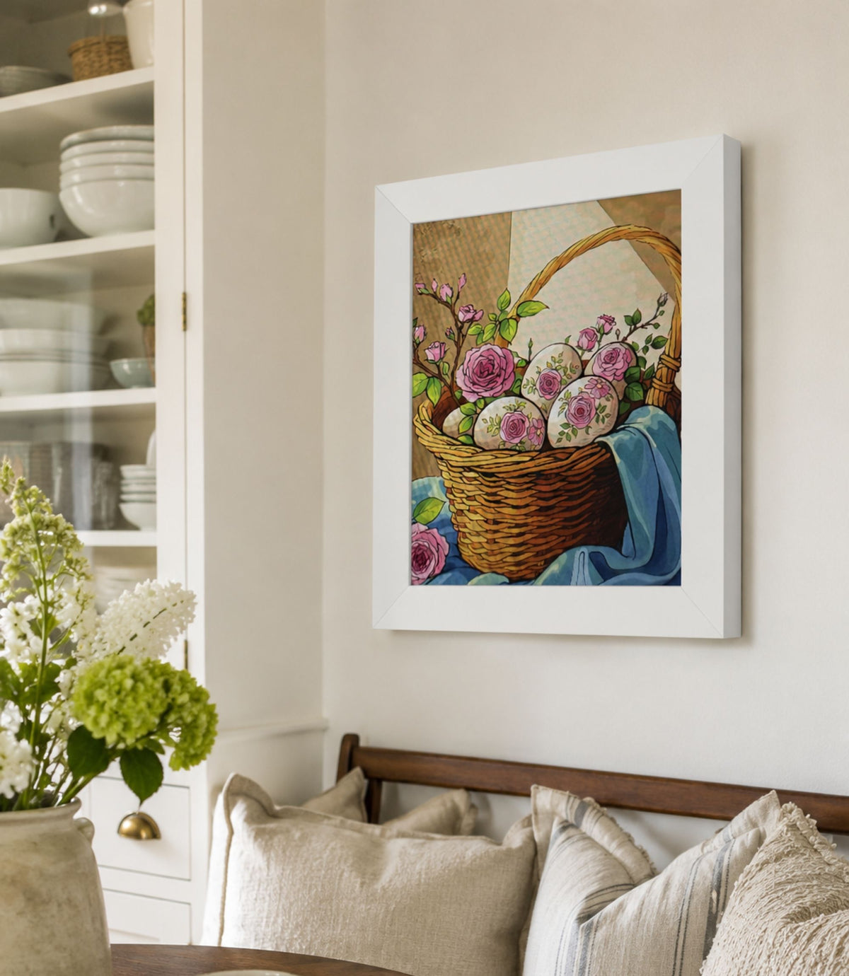White-framed floral Easter basket poster displayed in a modern interior