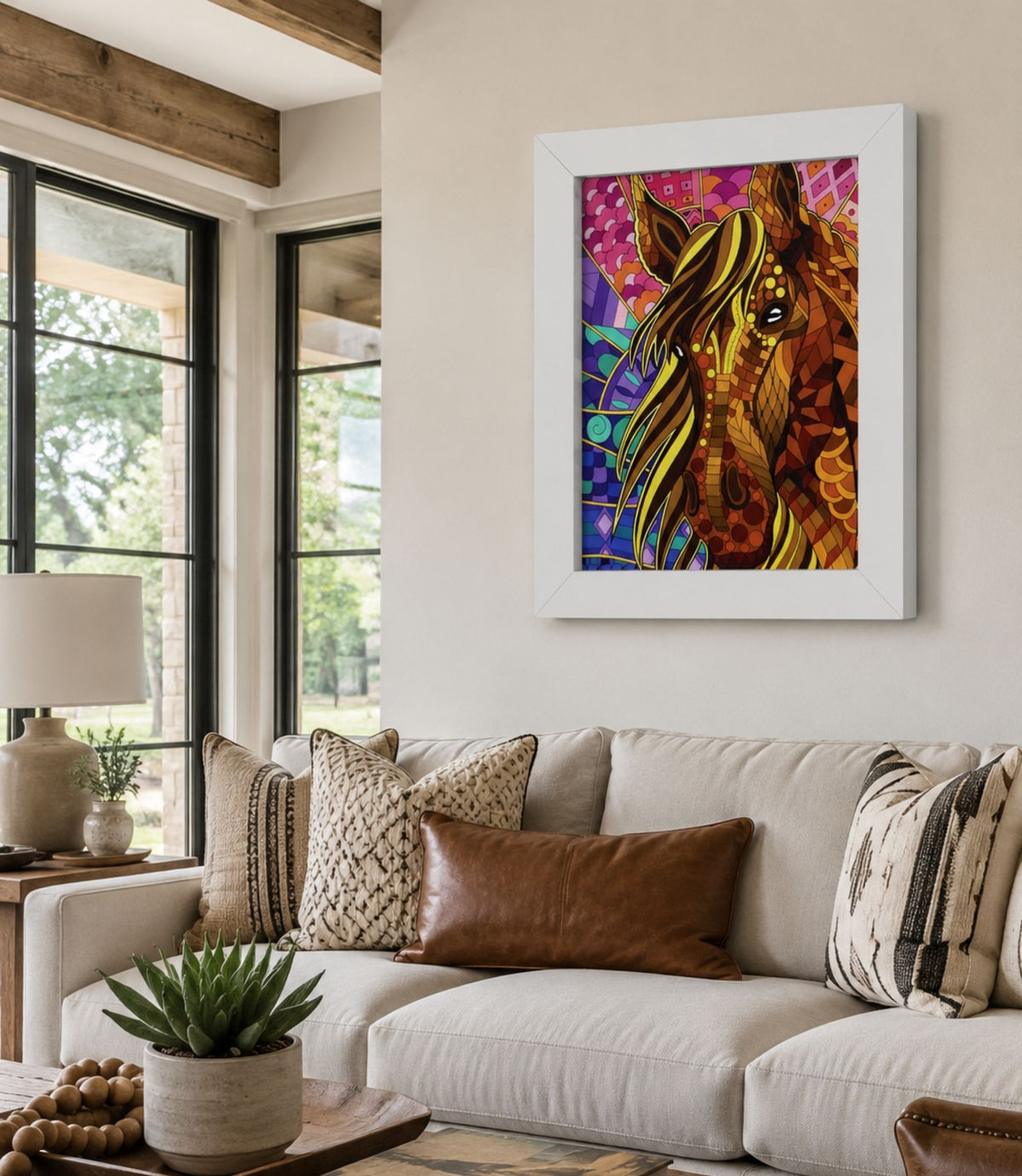 White-framed colourful mosaic horse poster displayed in a modern interior