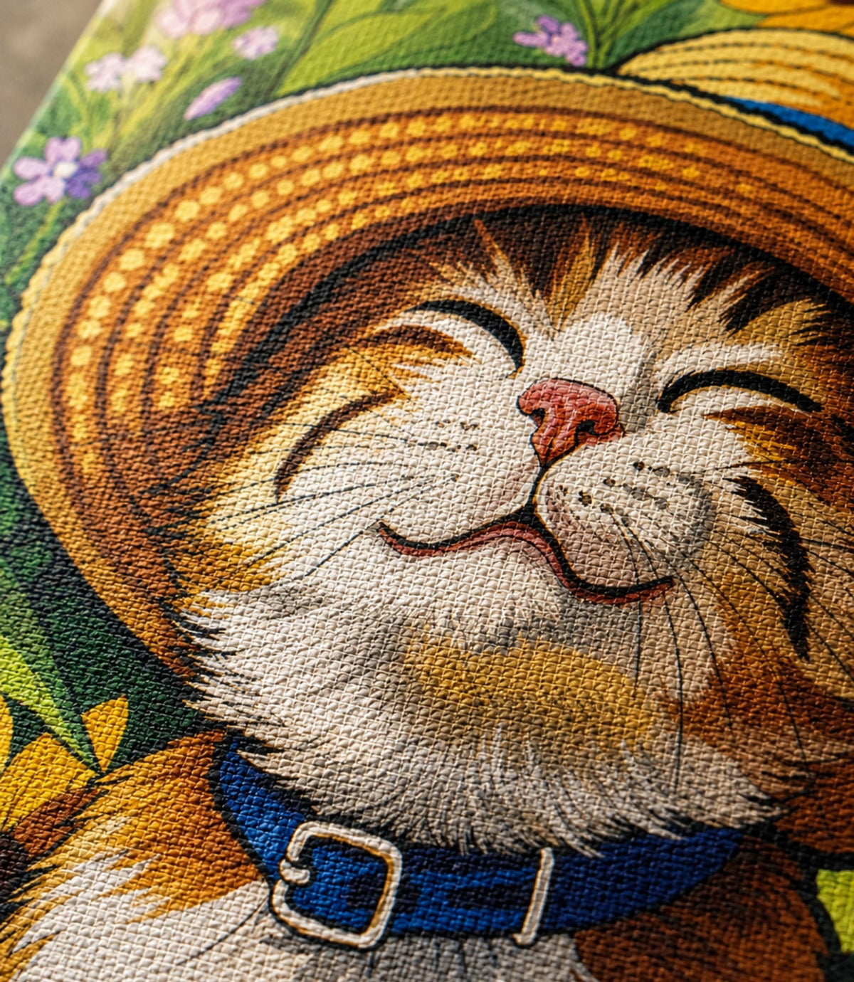 Close-up of smiling cat among sunflowers artwork and matte canvas texture