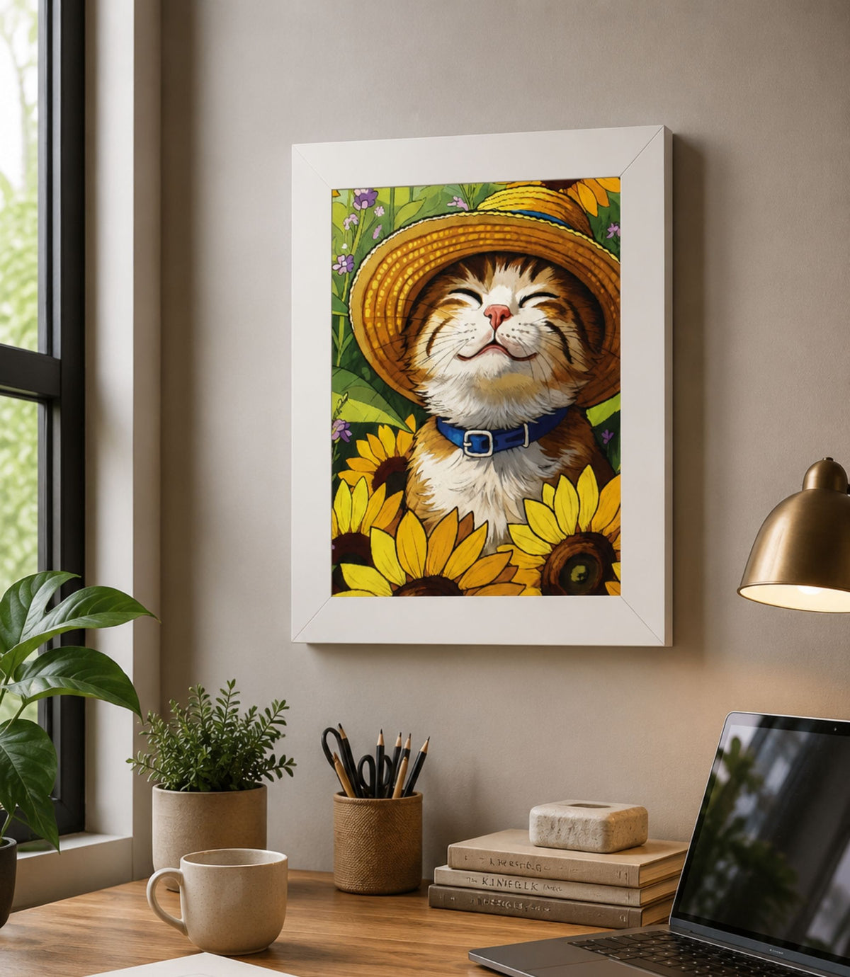 White-framed smiling cat among sunflowers poster displayed in a modern interior