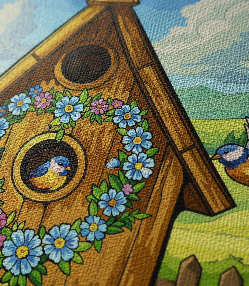 Close-up of whimsical floral birdhouse artwork and matte canvas texture