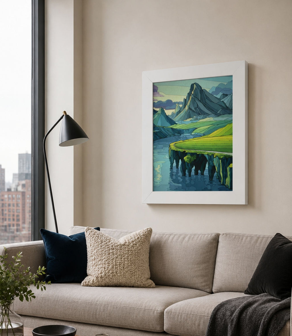 White-framed mountain cliff seascape poster displayed in a modern interior