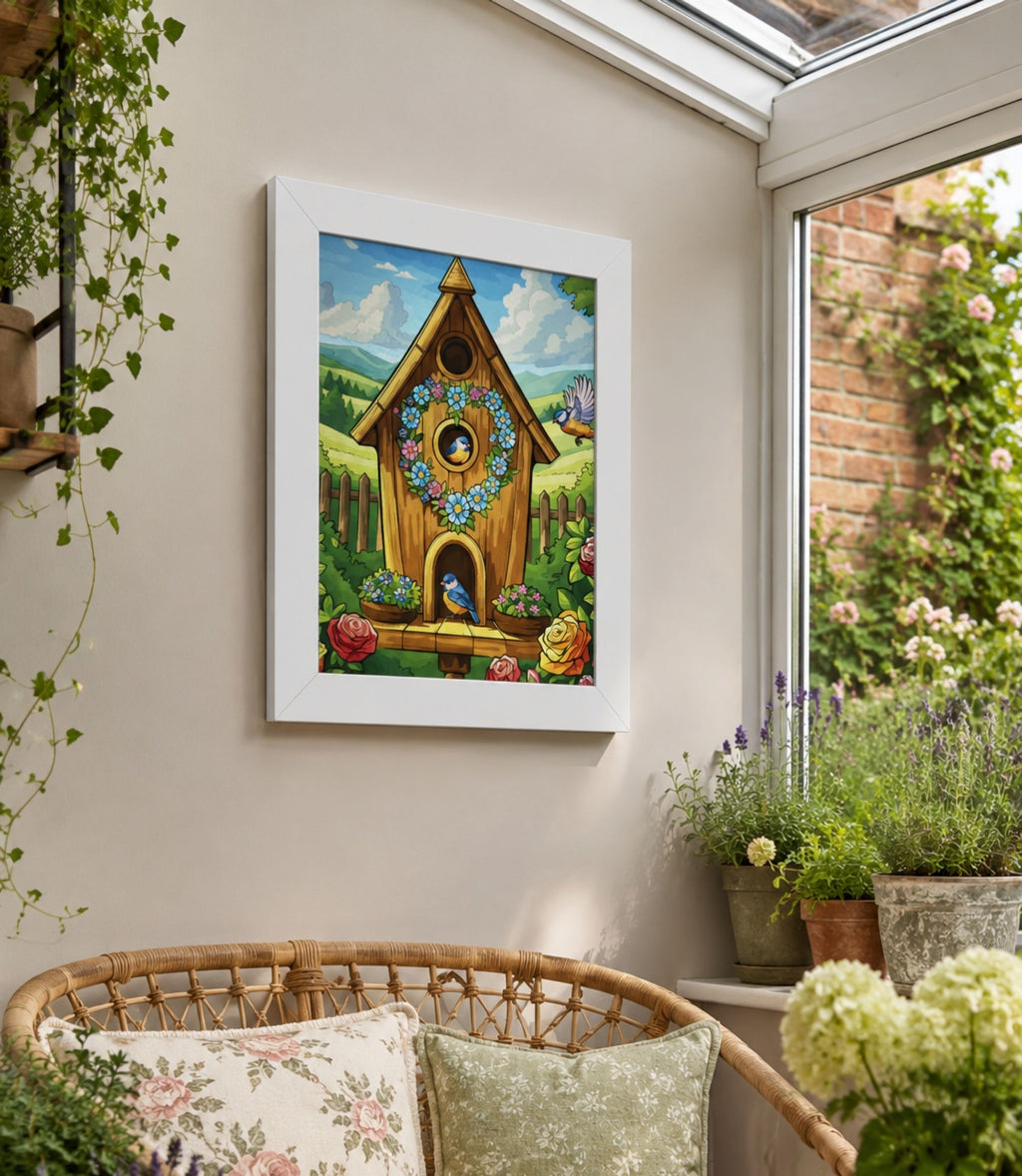White-framed whimsical floral birdhouse poster displayed in a modern interior