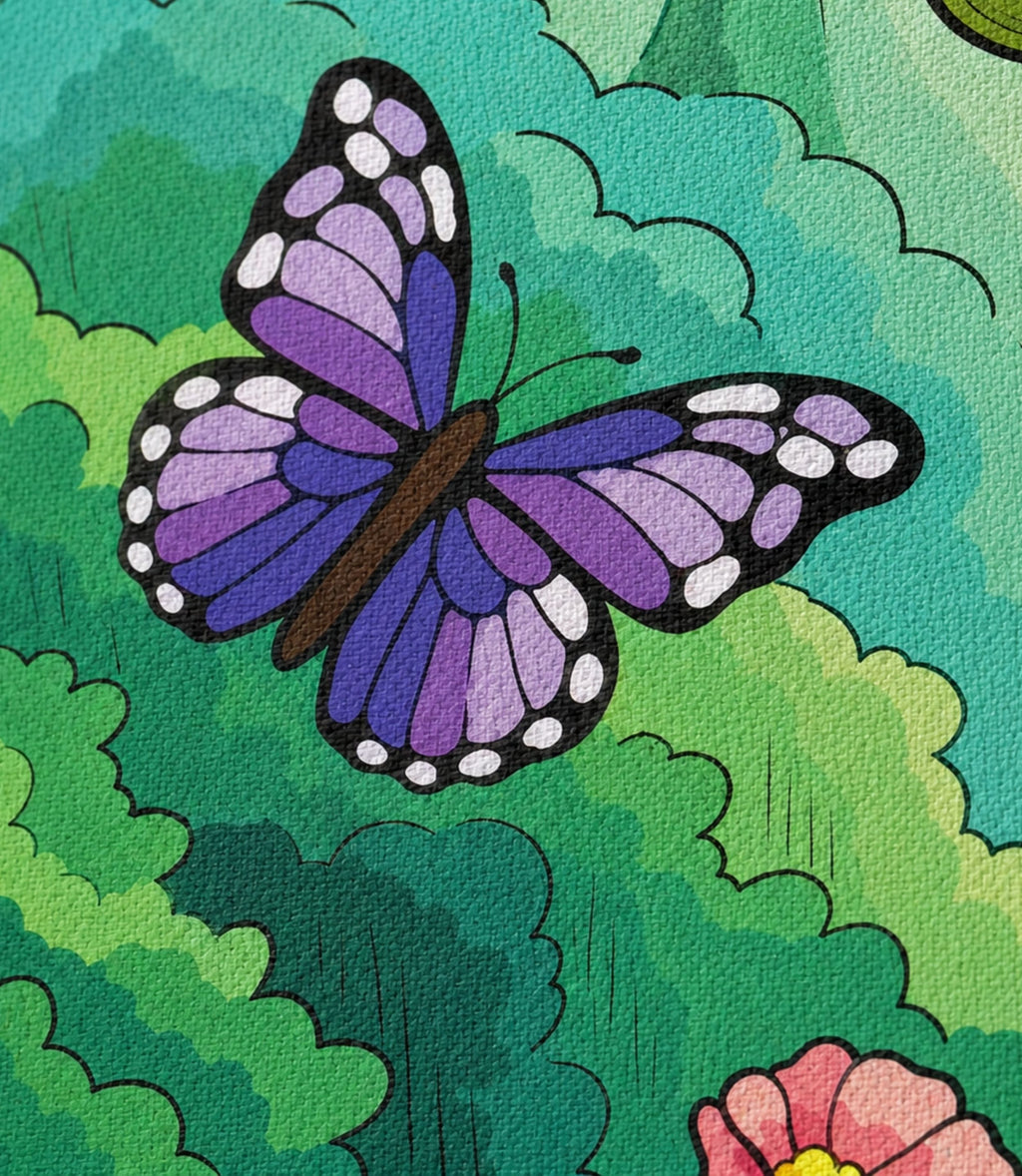 Close-up of purple butterfly garden artwork and matte canvas texture