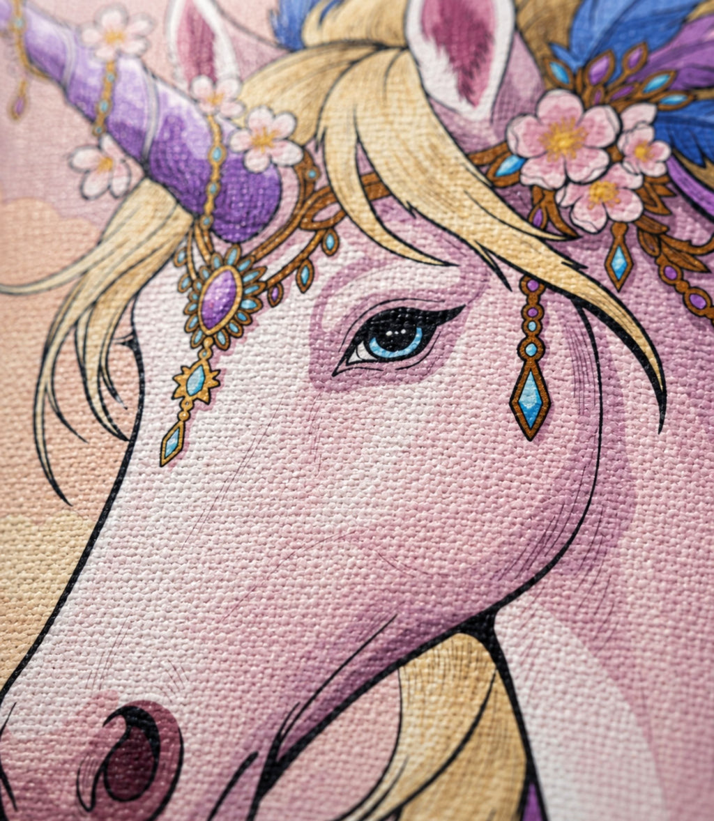 Close-up of pastel unicorn artwork and matte canvas texture