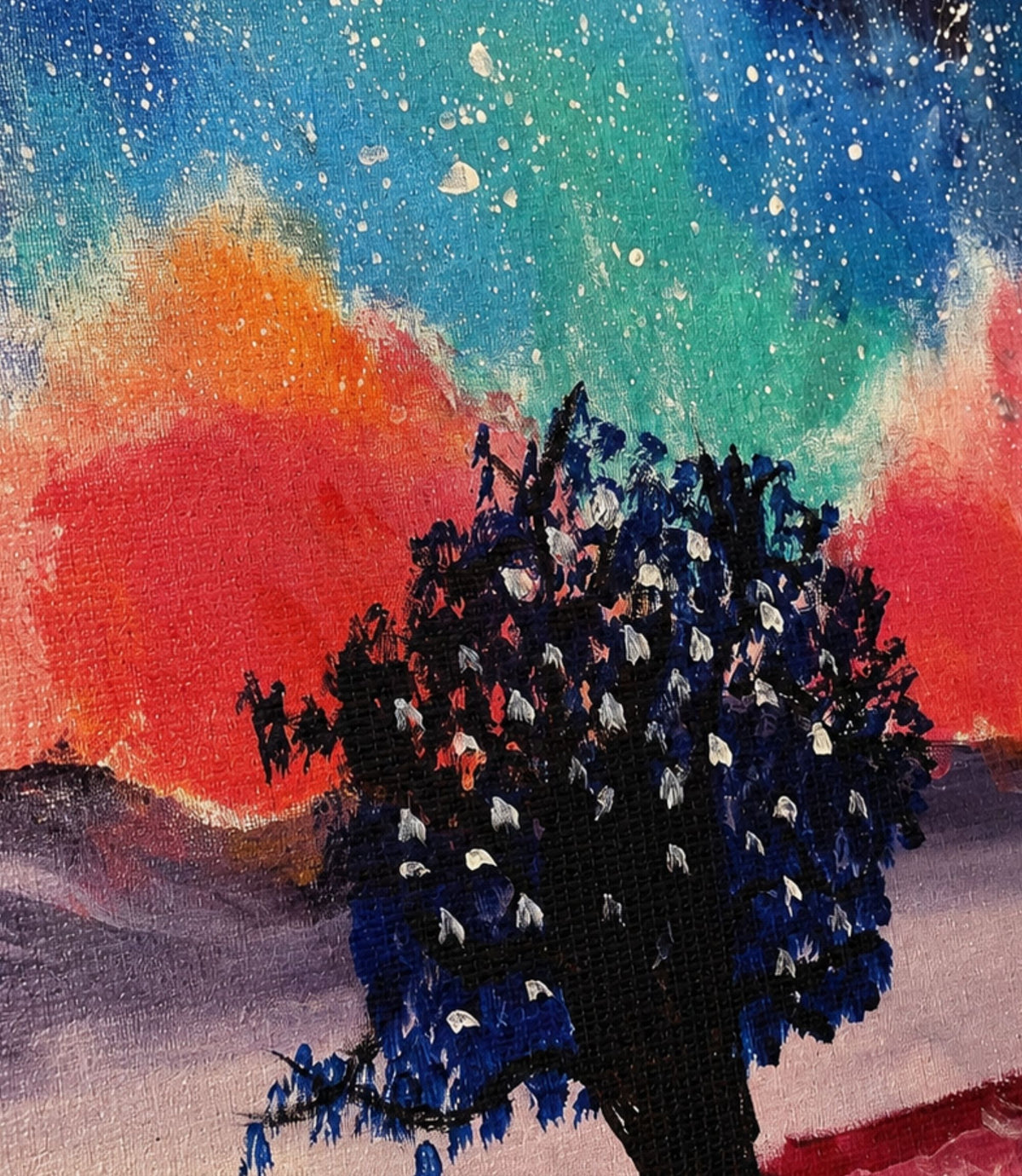 Close-up of galaxy tree artwork and matte canvas texture