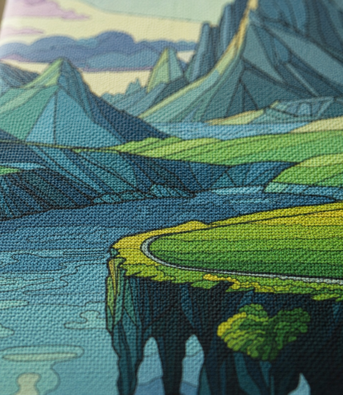 Close-up of mountain cliff seascape artwork and matte canvas texture