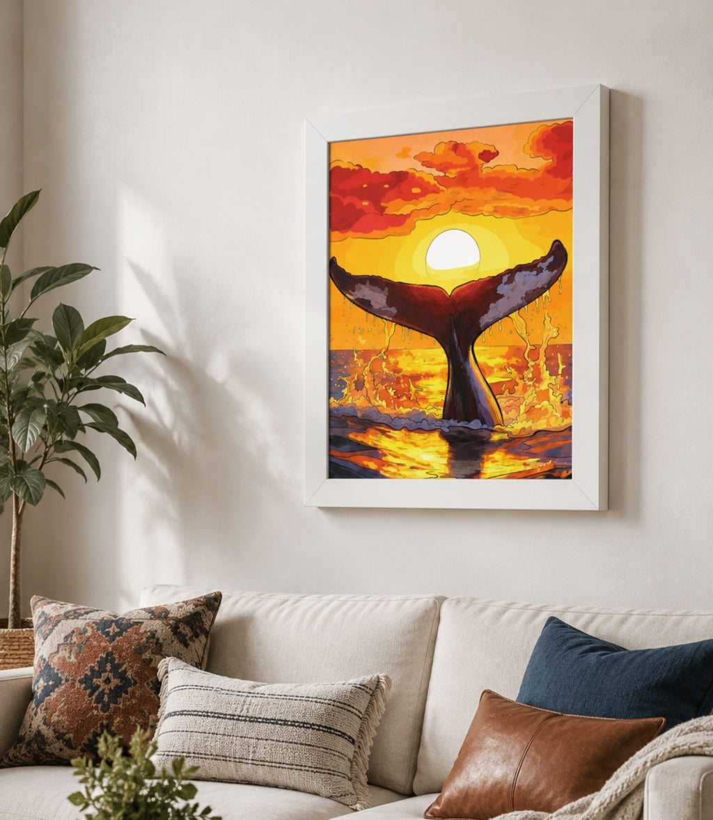White-framed whale tail at sunset poster displayed in a modern interior