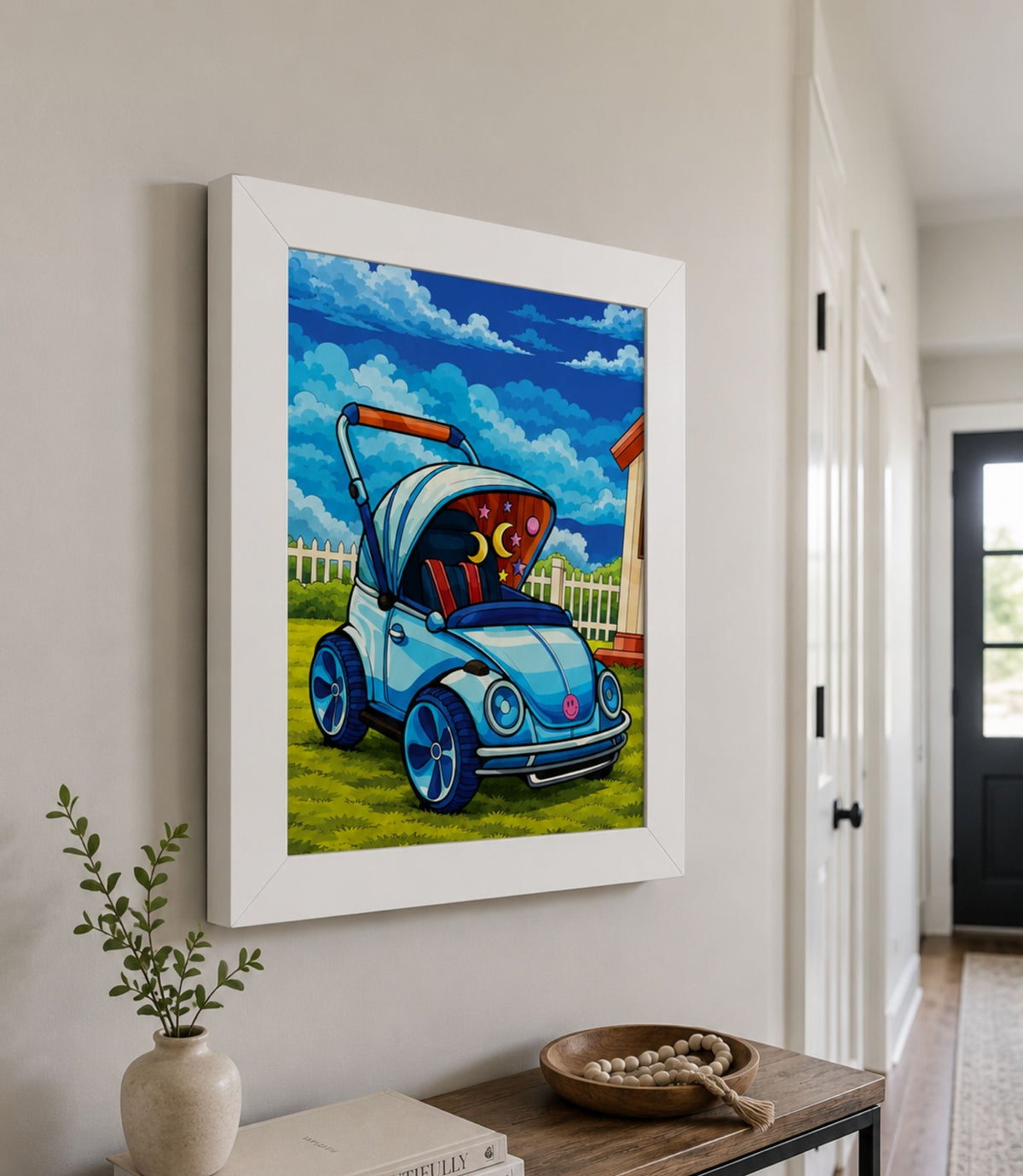 White-framed blue bug car poster displayed in a modern interior