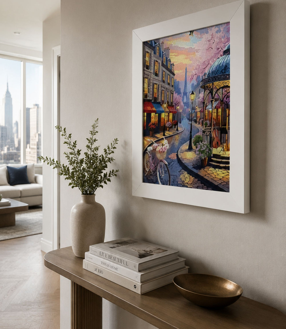 White-framed Paris street café poster displayed in a modern interior