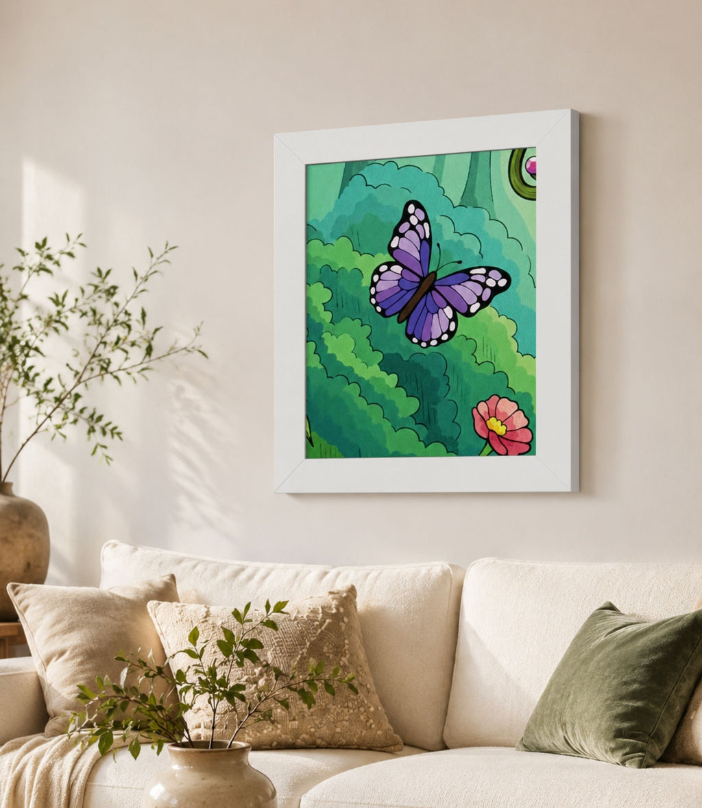 White-framed purple butterfly garden poster displayed in a modern interior