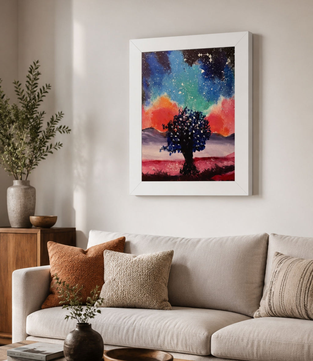White-framed galaxy tree poster displayed in a modern interior