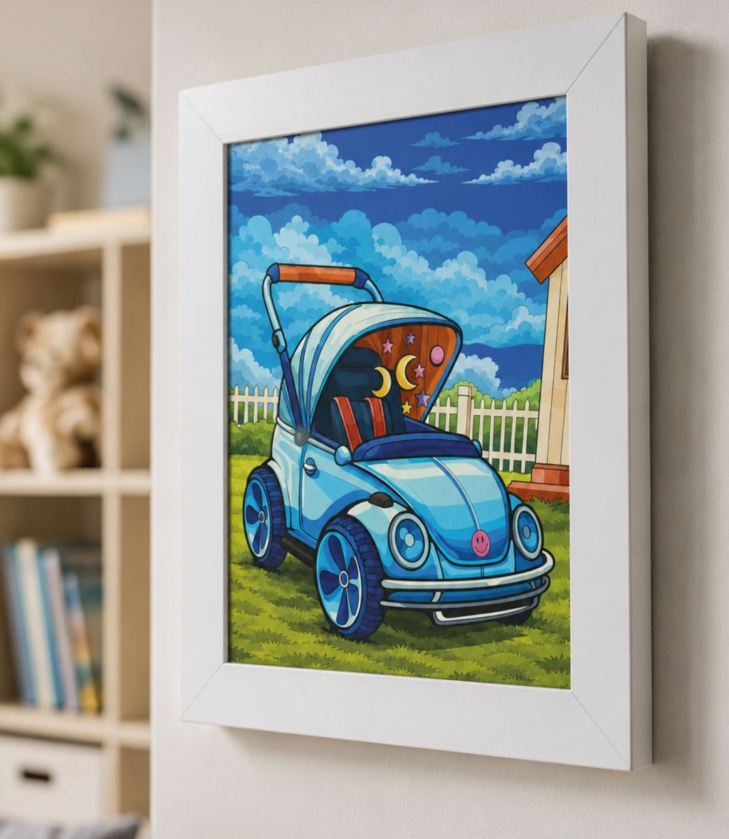Close-up side view of black-framed blue bug car art print