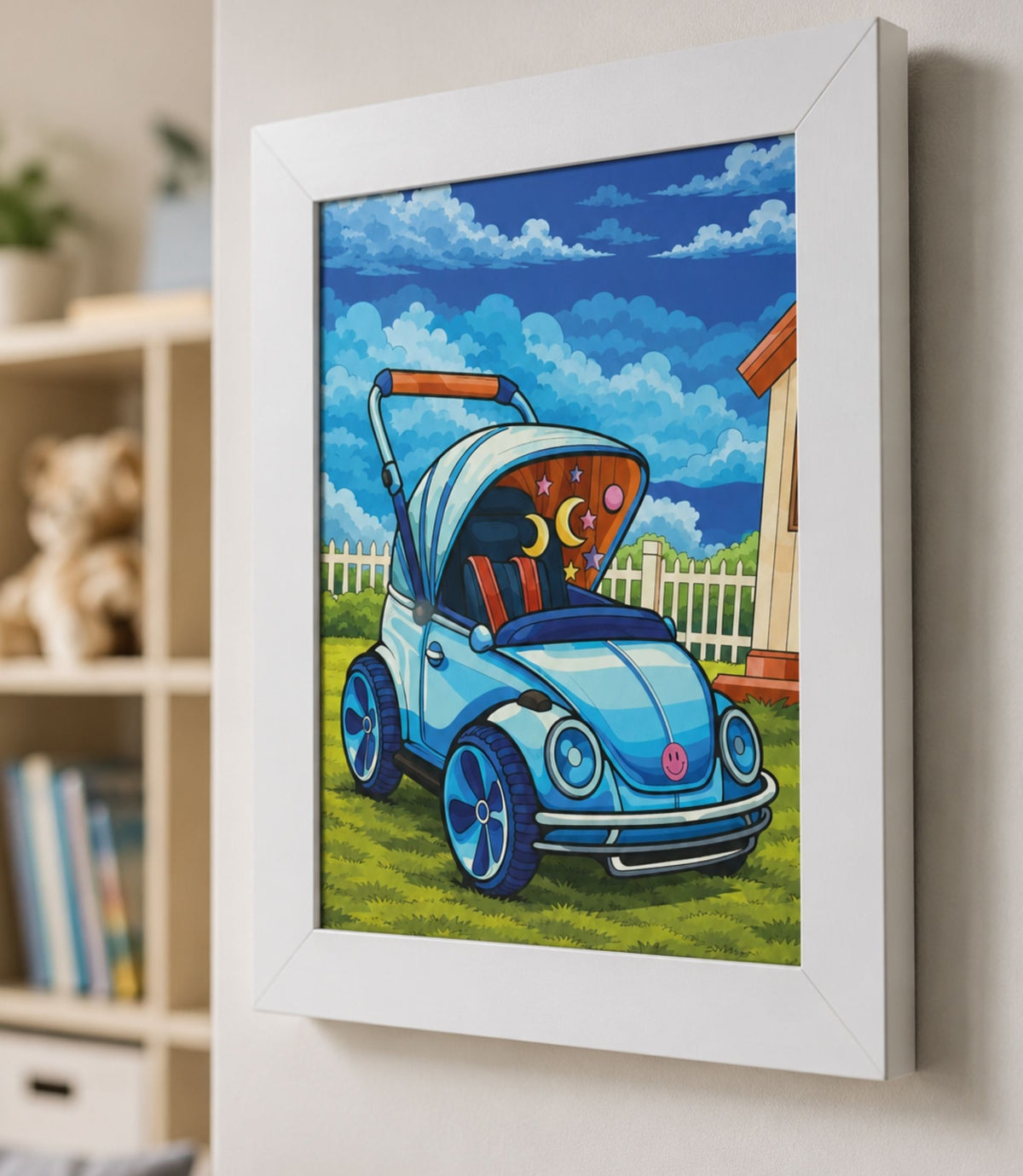 Close-up side view of black-framed blue bug car art print