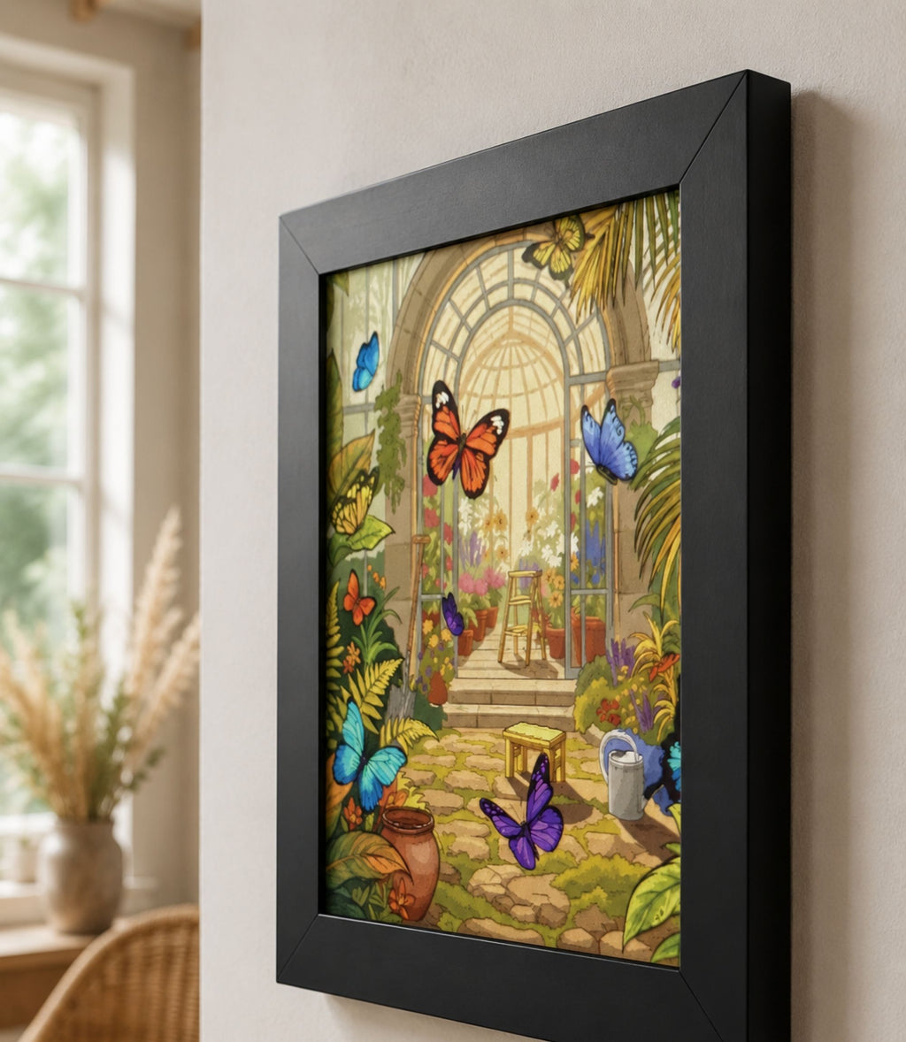 Close-up side view of black-framed butterfly conservatory art print