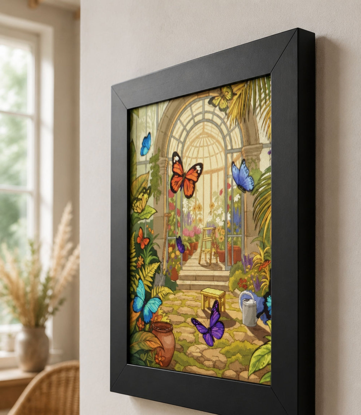 Close-up side view of black-framed butterfly conservatory art print
