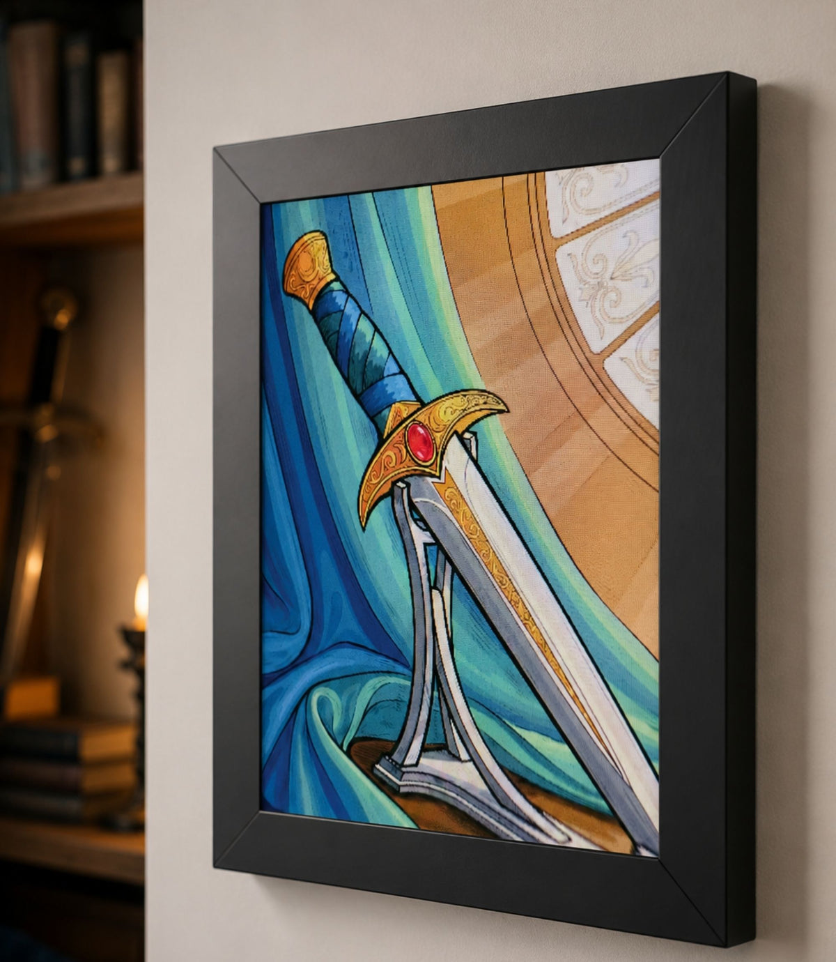 Close-up side view of black-framed regal fantasy sword art print