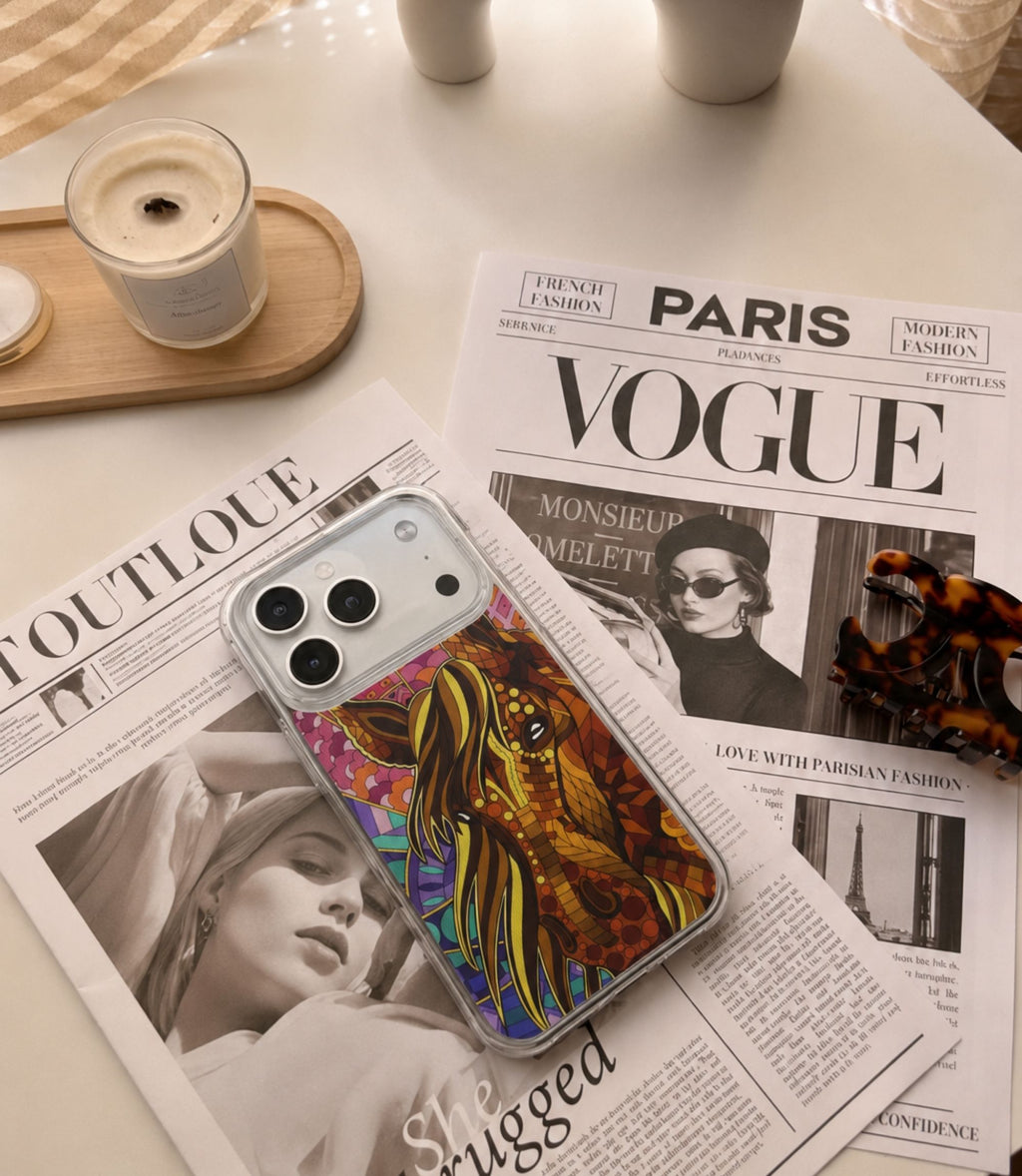 Colourful mosaic horse clear phone case styled in an everyday lifestyle scene