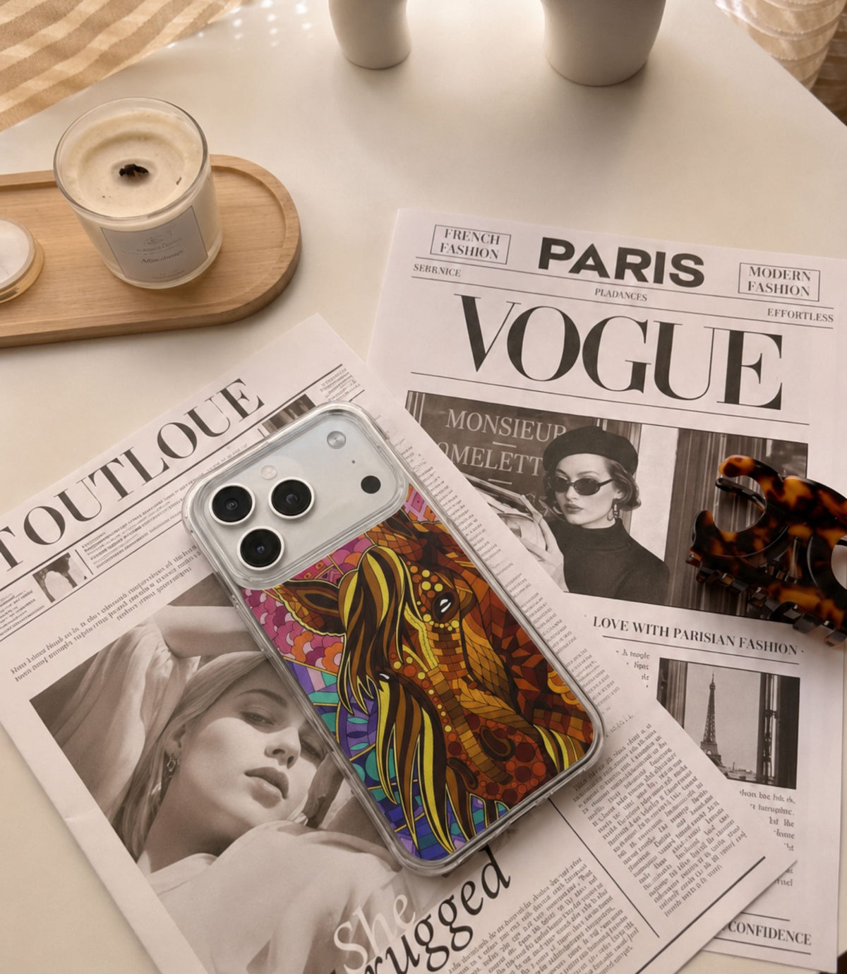 Colourful mosaic horse clear phone case styled in an everyday lifestyle scene