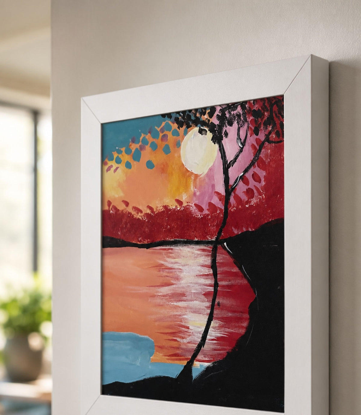 Close-up side view of black-framed sunset lake and silhouetted tree art print
