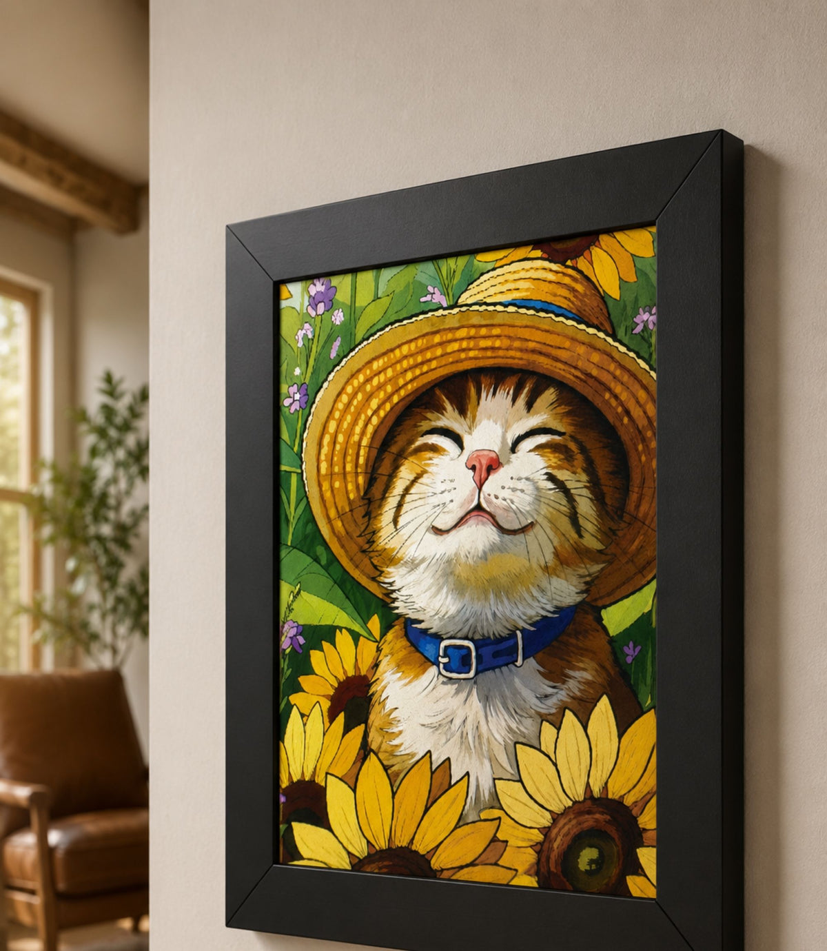 Close-up side view of black-framed smiling cat among sunflowers art print