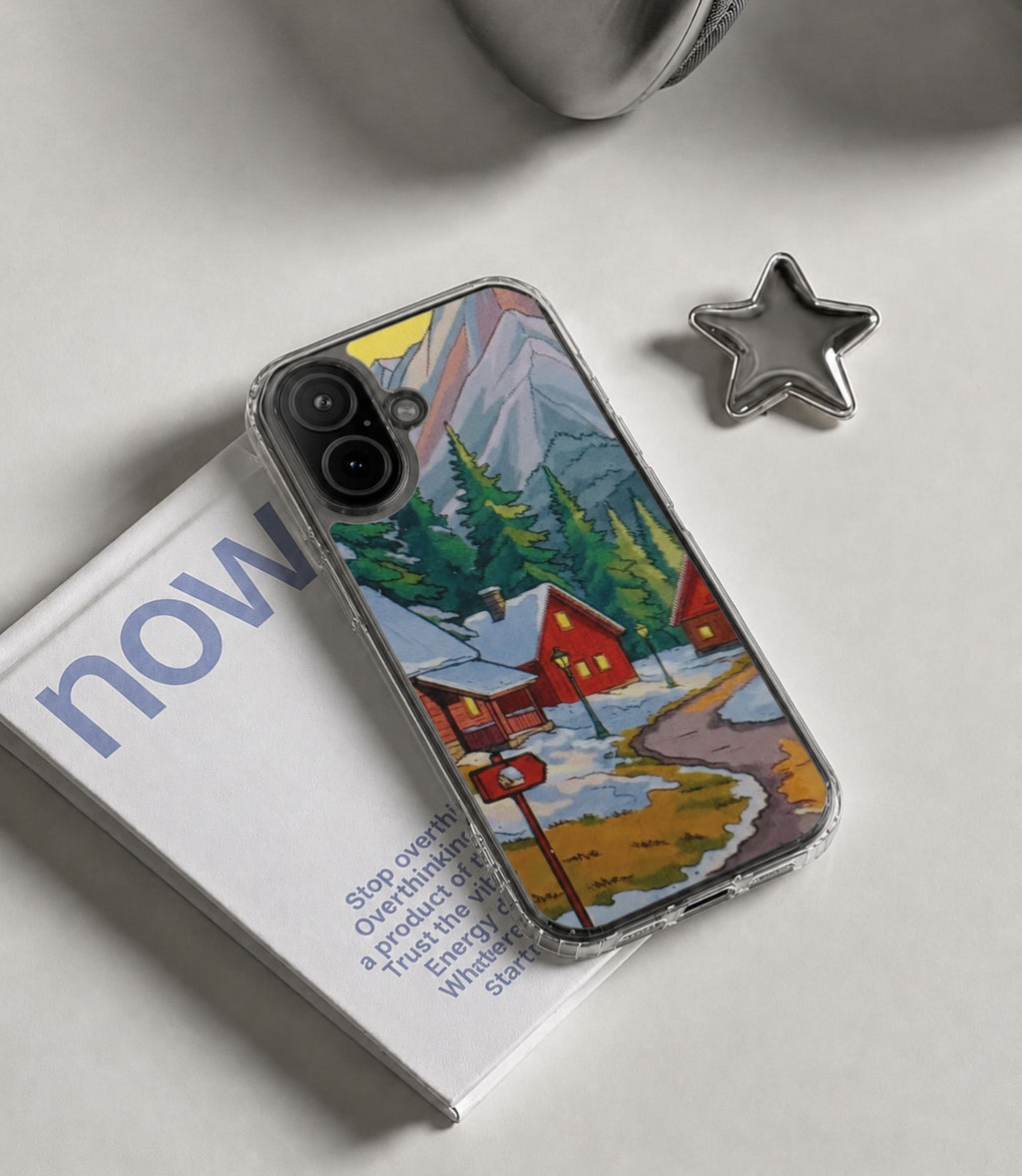 Winter mountain village clear phone case styled in an everyday lifestyle scene