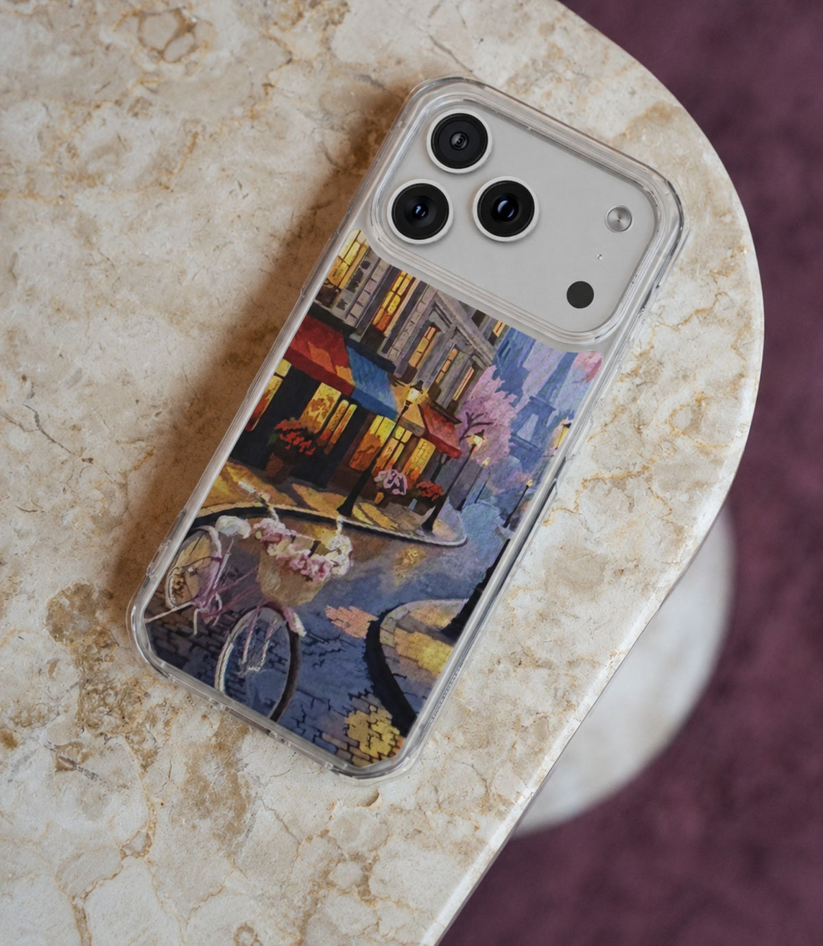 Paris street café clear phone case styled in an everyday lifestyle scene