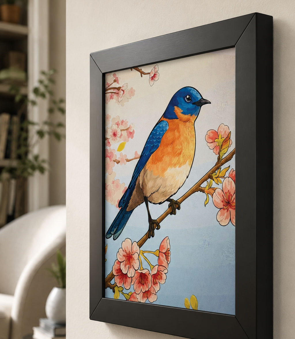 Close-up side view of black-framed bluebird and cherry blossoms art print