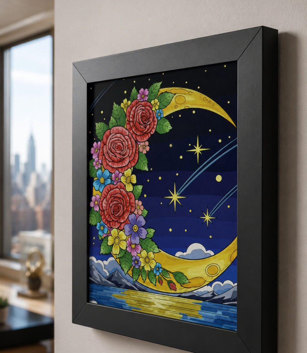 Close-up side view of black-framed floral crescent moon art print