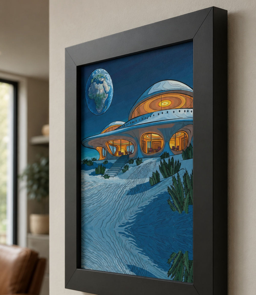 Close-up side view of black-framed retro space house art print